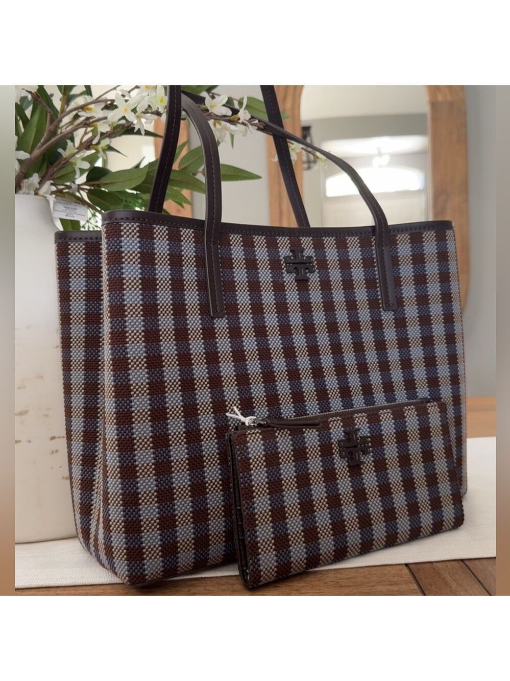 New Tory Burch Blake Plaid Zip Tote & Wallet Blue Multi Woven Nylon Lightweight